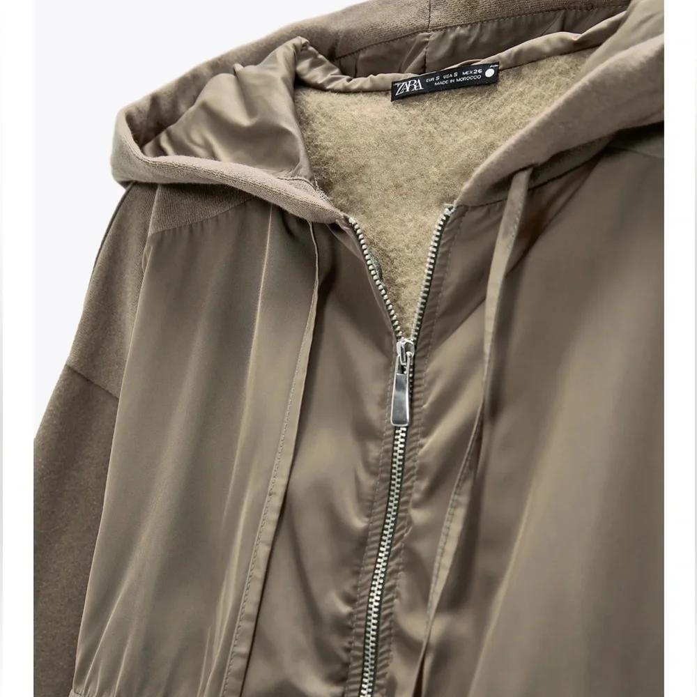 ZARA MIXED MEDIA FRONT ZIPPED OVERSIZED KHAKI HOODED JACKET WITH RUFFLES SZ M